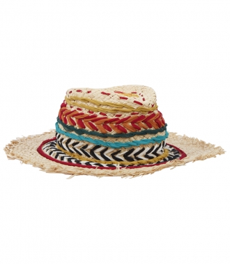 HATS - MULTICOLORED SILK AND RAFFIA WOVEN DETAILED FEDORA HAT