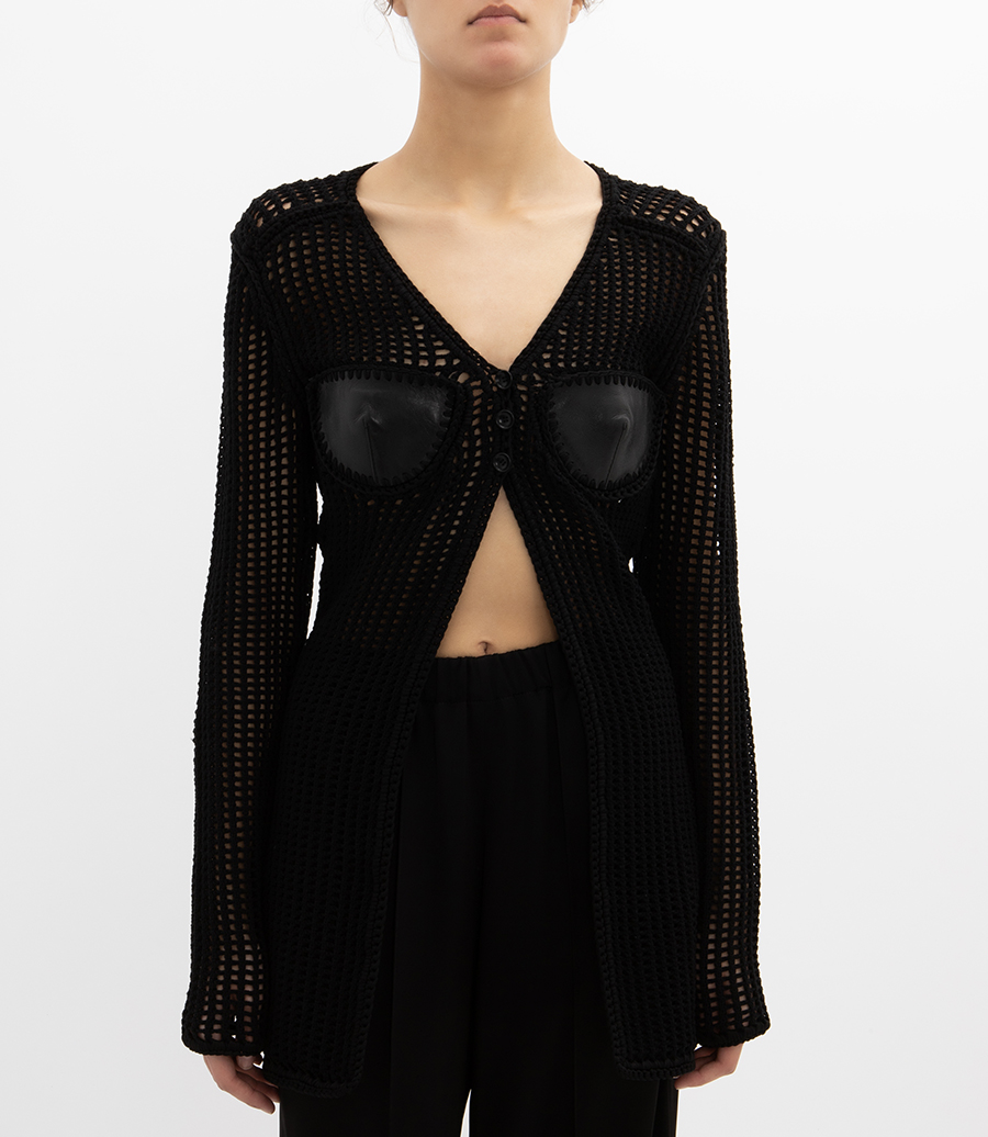 MAXI CARDIGAN IN HAND-CROCHET & CRACKLE PATENT LEATHER