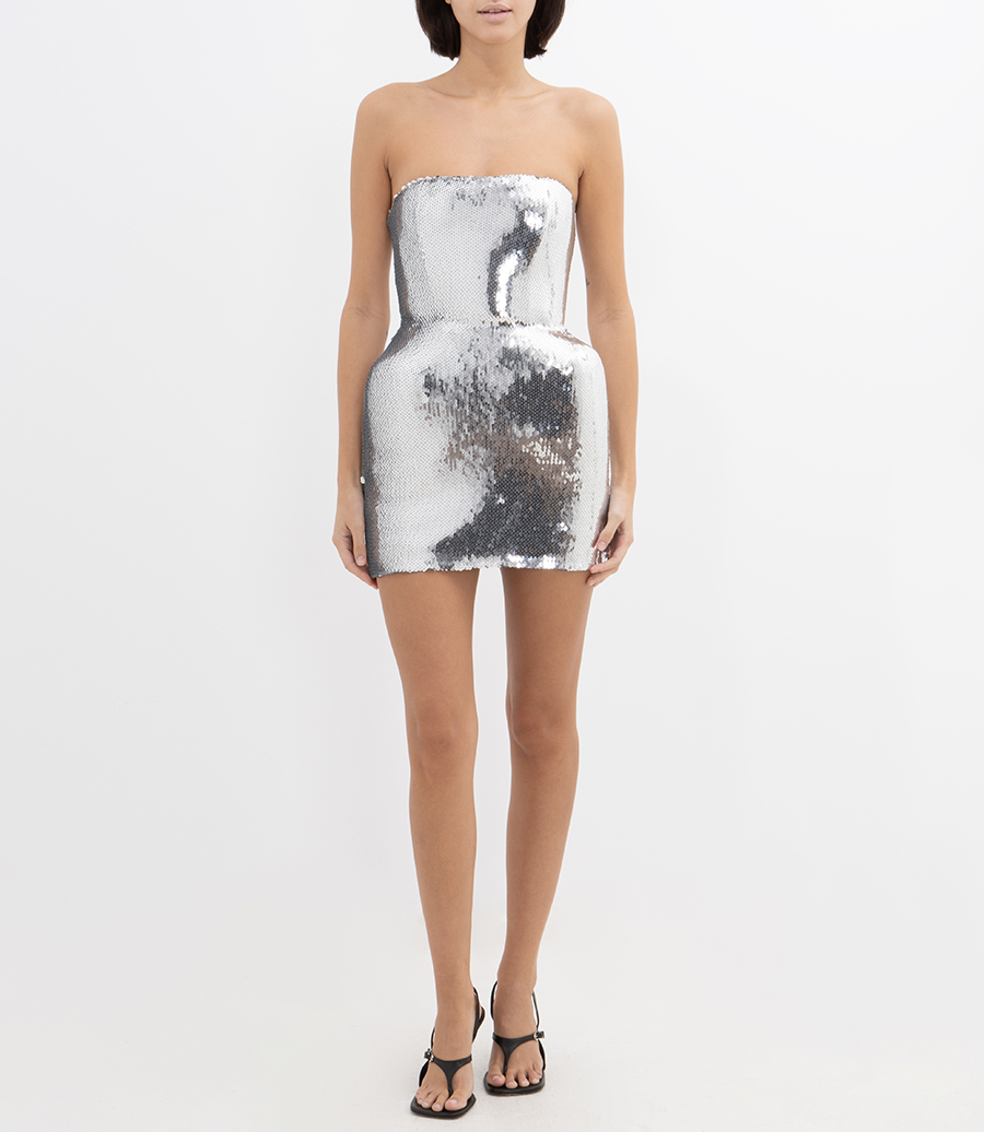 PADDED HIP DETAIL SEQUIN MINI DRESS