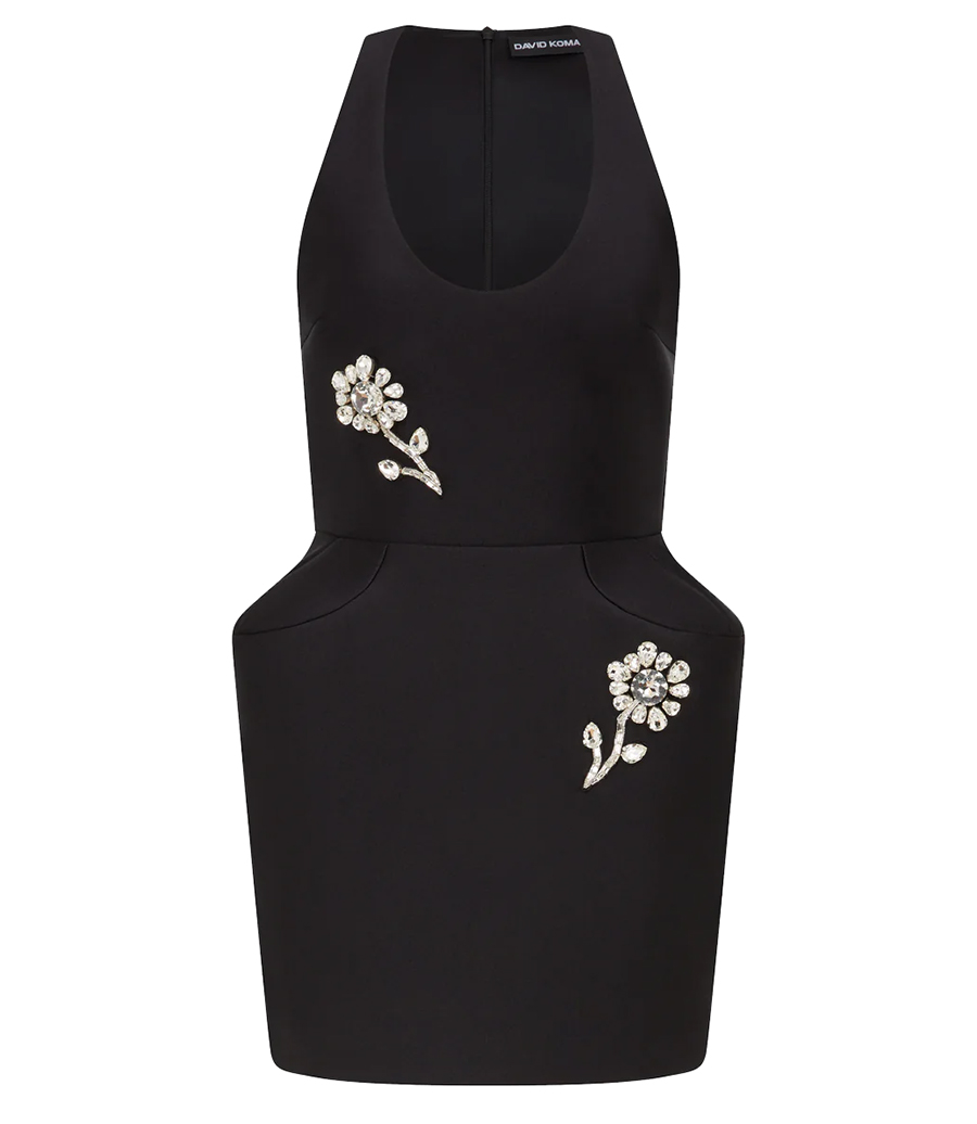 DAVID KOMA - CRYSTAL BROOCH AND PADDED HIP MINI DRESS