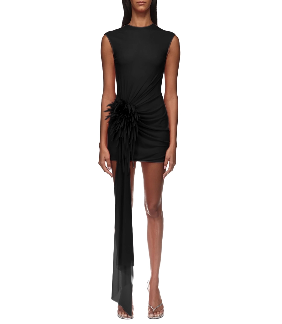 CACTUS DAHLIA EMBROIDERED DRAPED DRESS
