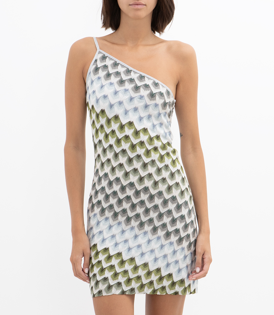 ONE SHOULDER VISCOSE LAME MINI DRESS