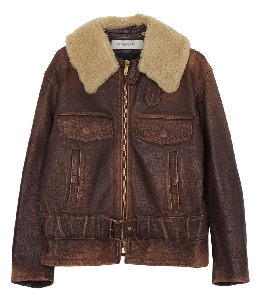 GOLDEN GOOSE  - WOOD-COLORED JACKET WITH DETACHABLE SHEARLING COLLAR