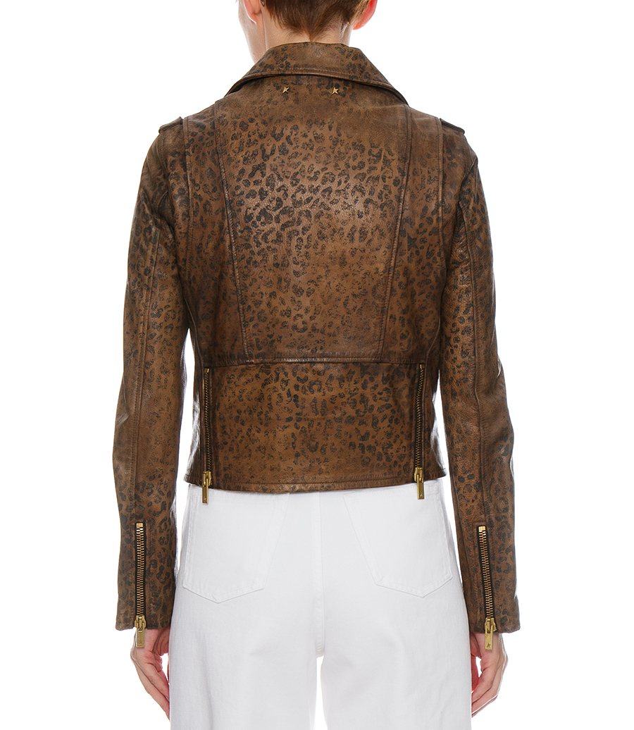 DISTRESSED-TREATMENT LEATHER BIKER JACKET WITH ANIMAL PRINT