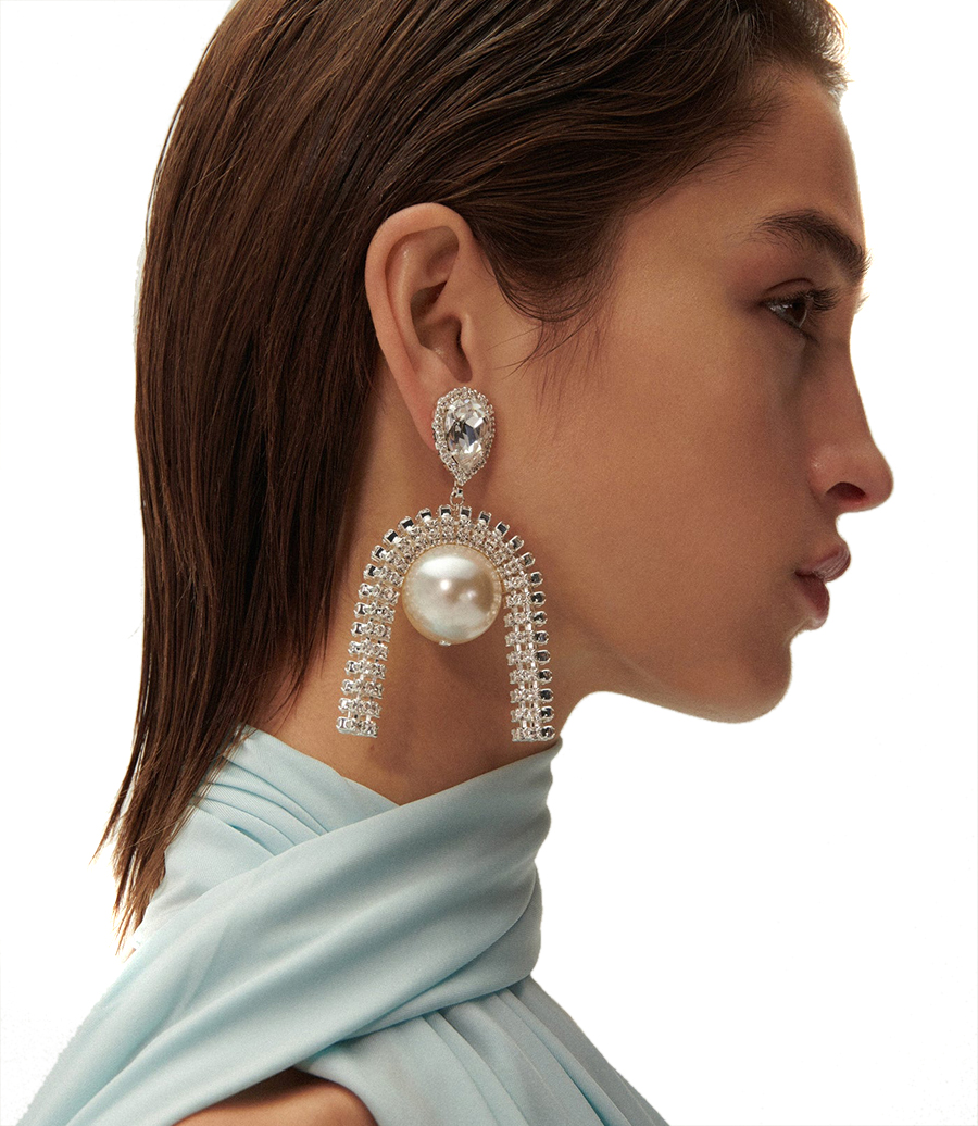 CRYSTAL MESH TUBE PEARL EARRINGS