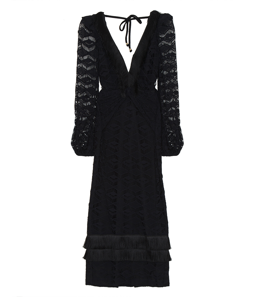 PATBO - CROCHET PLUNGE FRINGE TRIM MAXI