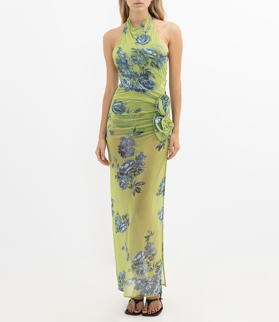 HIGH-NECK FLORAL APPLIQUE MIDI DRESS
