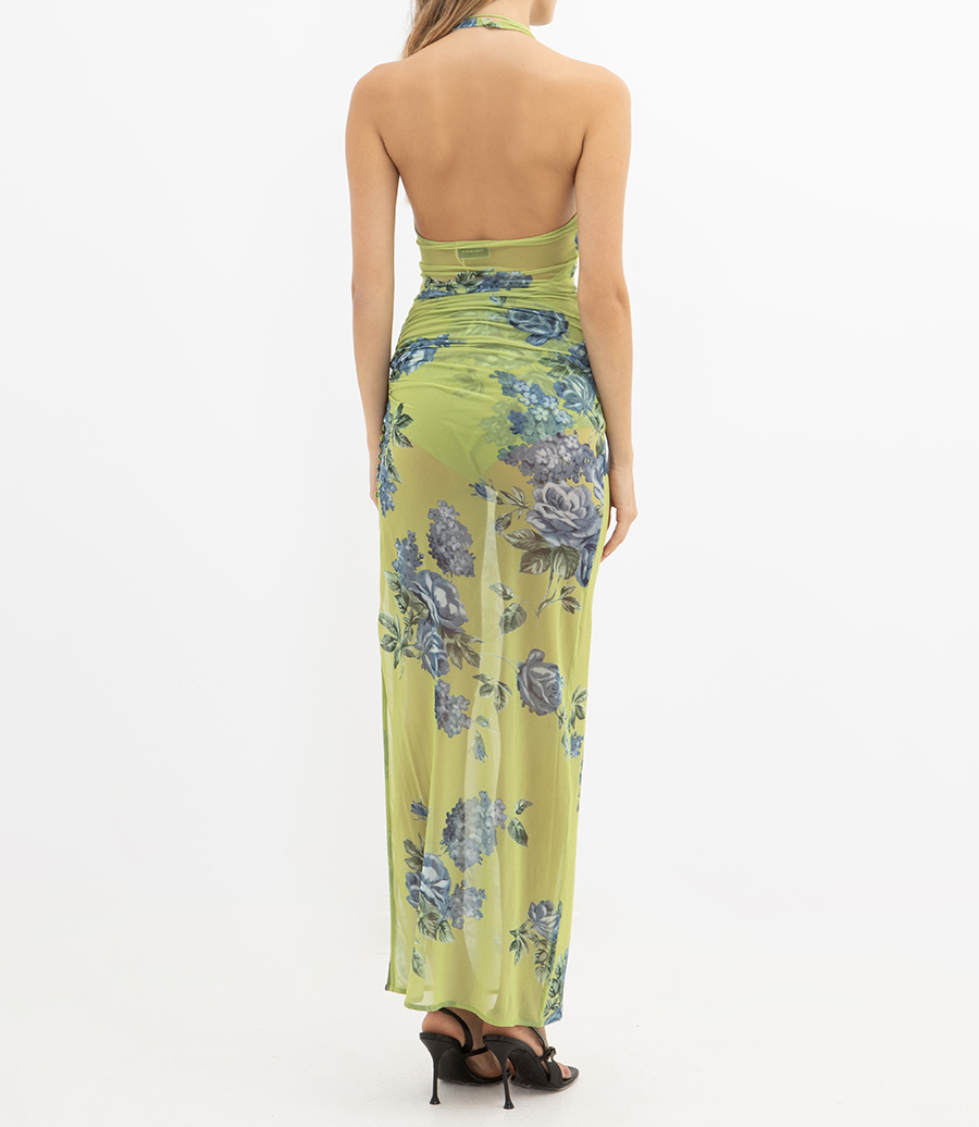 HIGH-NECK FLORAL APPLIQUE MIDI DRESS