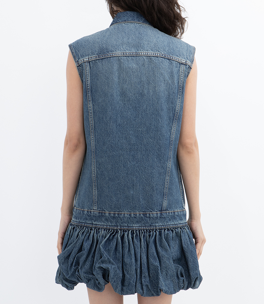 GATHERED HEM SLEEVELESS DENIM DRESS