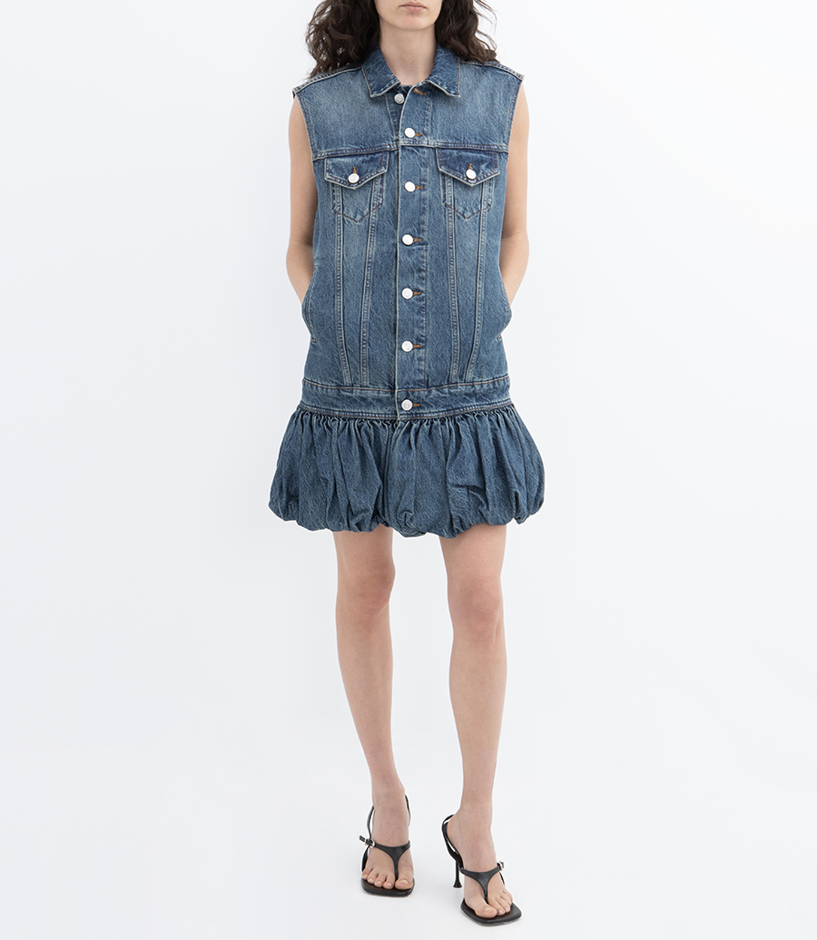 GATHERED HEM SLEEVELESS DENIM DRESS