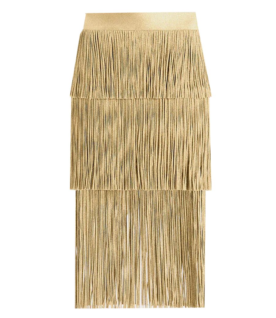 HERVE LEGER - ICON METALLIC LAYERED FRINGE MIDI SKIRT