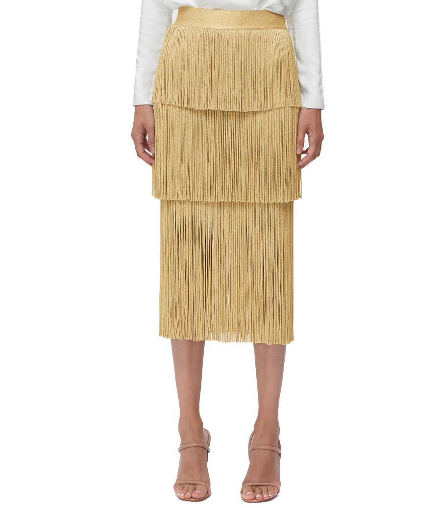 ICON METALLIC LAYERED FRINGE MIDI SKIRT