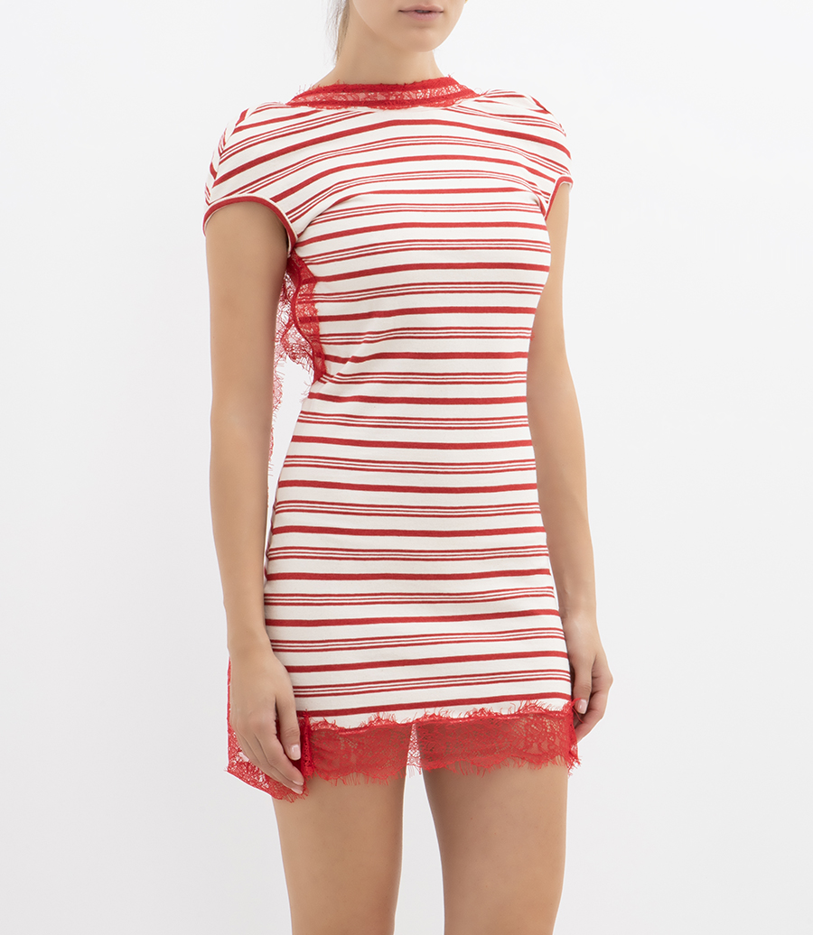 STRIPE JERSEY LACE TRIMMED TEE DRESS