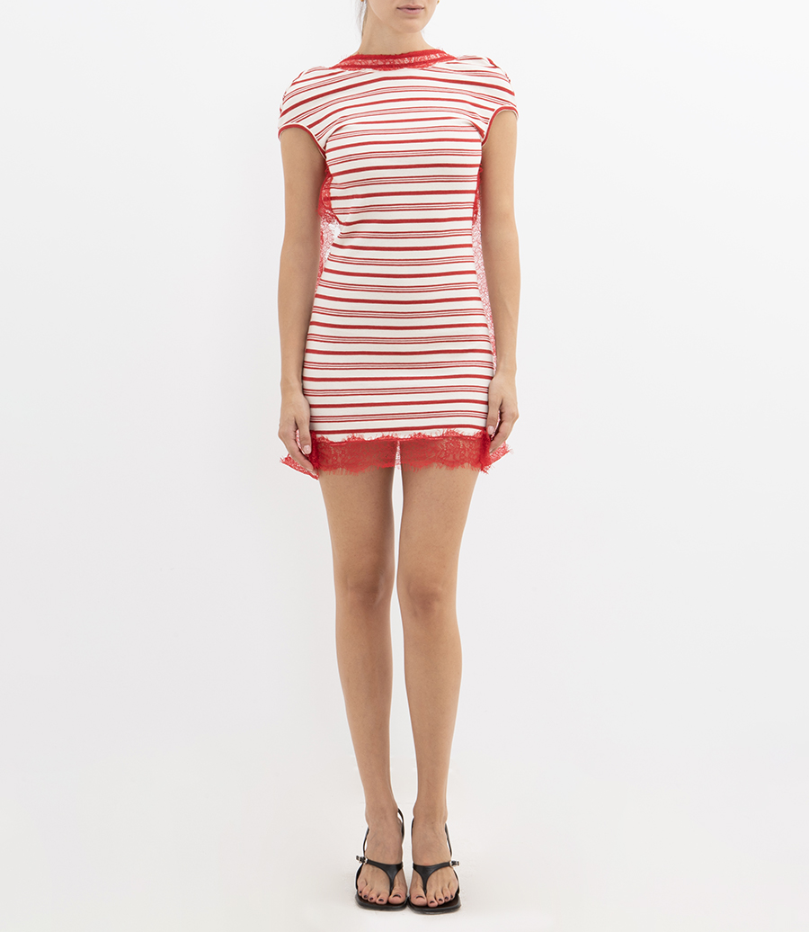 STRIPE JERSEY LACE TRIMMED TEE DRESS