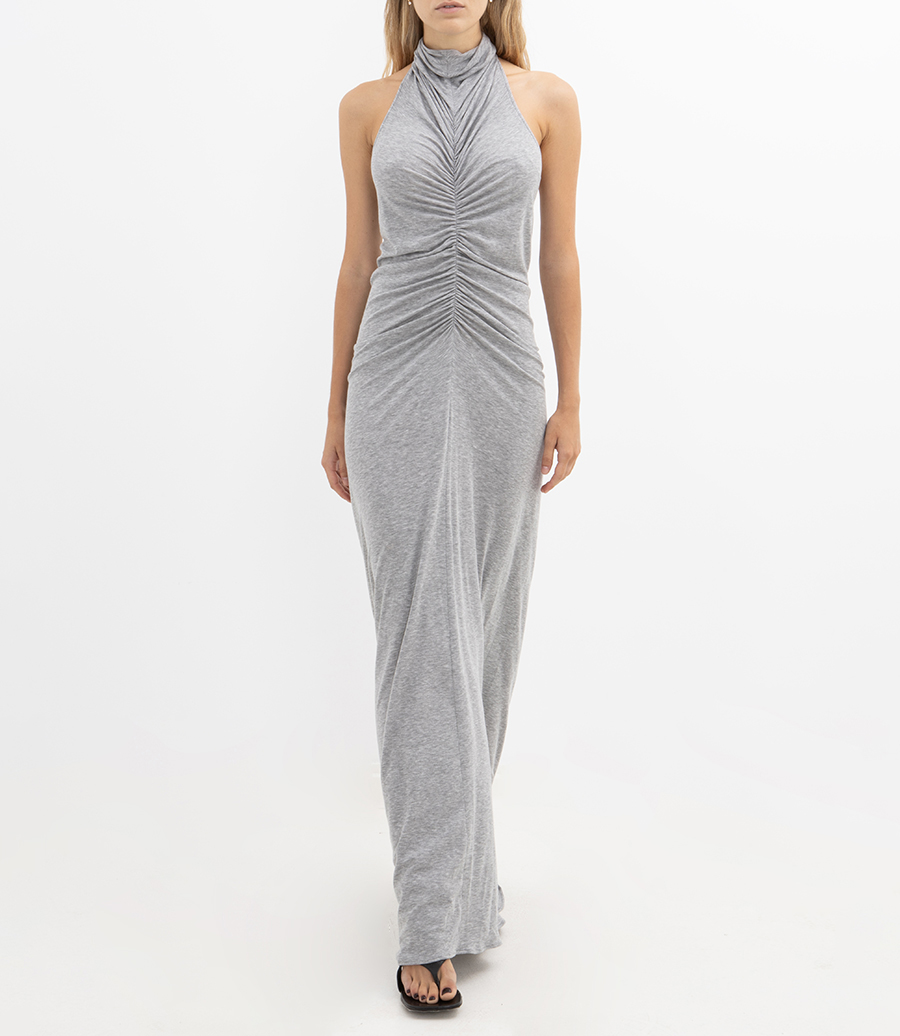 HALTER NECK FRONT RUCHED GOWN