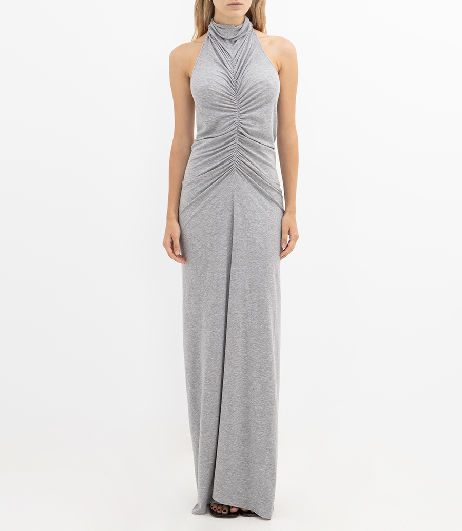 HALTER NECK FRONT RUCHED GOWN