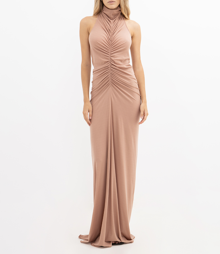 HALTER NECK FRONT RUCHED GOWN