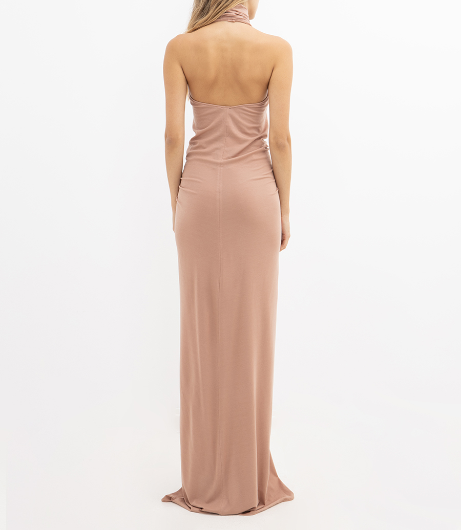 HALTER NECK FRONT RUCHED GOWN