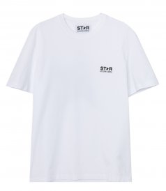 GOLDEN GOOSE  - WHITE STAR COLLECTION T-SHIRT WITH CONTRASTING BLACK LOGO & STAR
