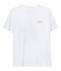 GOLDEN GOOSE  - WHITE STAR COLLECTION T-SHIRT WITH LOGO & STAR IN GOLD GLITTER