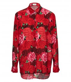 OVERSIZED SILK BUTTON DOWN SHIRT IN RED ROSES PRINT
