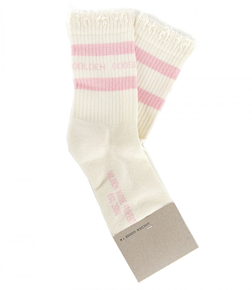GOLDEN GOOSE  - DISTRESSED-FINISHSOCKS WITH TURQUOISE LOGO & STRIPES