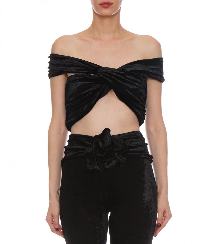TWISTED OFF SHOULDER VELVET CROP TOP