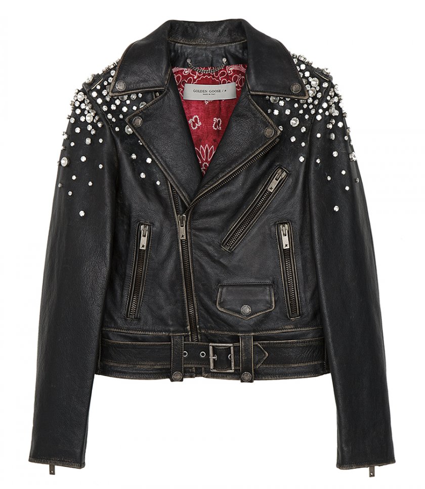 JACKETS - BIKER JACKET IN DISTRESSED LEATHER WITH CABOCHON CRYSTALS