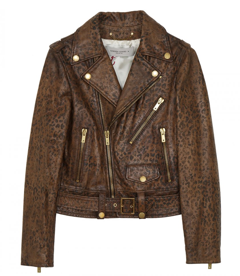 JACKETS - DISTRESSED-TREATMENT LEATHER BIKER JACKET WITH ANIMAL PRINT
