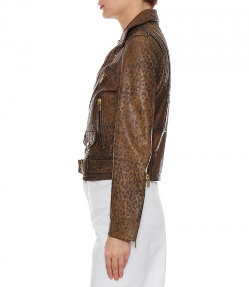 DISTRESSED-TREATMENT LEATHER BIKER JACKET WITH ANIMAL PRINT