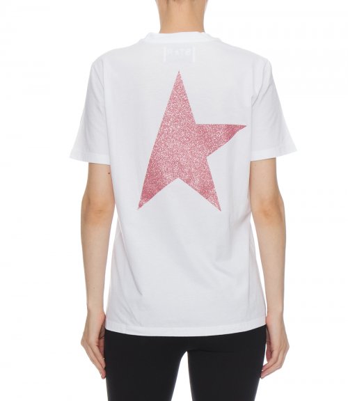 WHITE STAR COLLECTION T-SHIRT WITH LOGO AND STAR IN PINK GLITTER