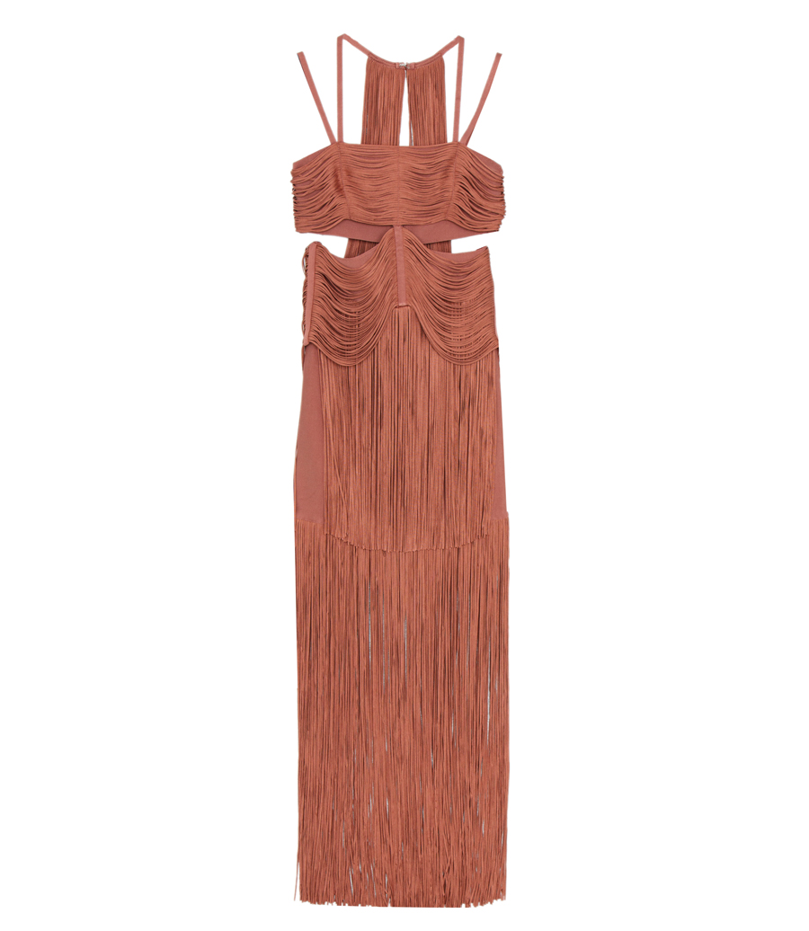 slim fit dress slacks V NECK FOIL FRINGED MIDI DRESS – HERVÉ LÉGER main image 0