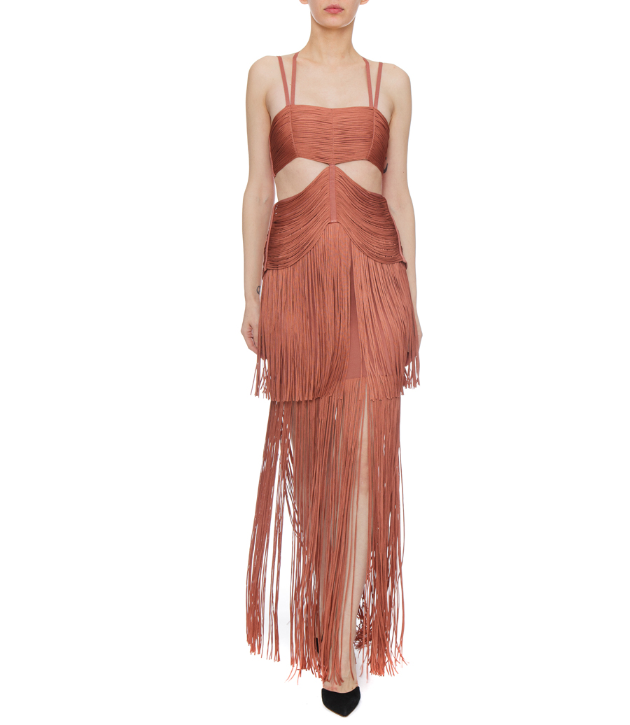 STRAPPY BANDEAU FRINGE GOWN