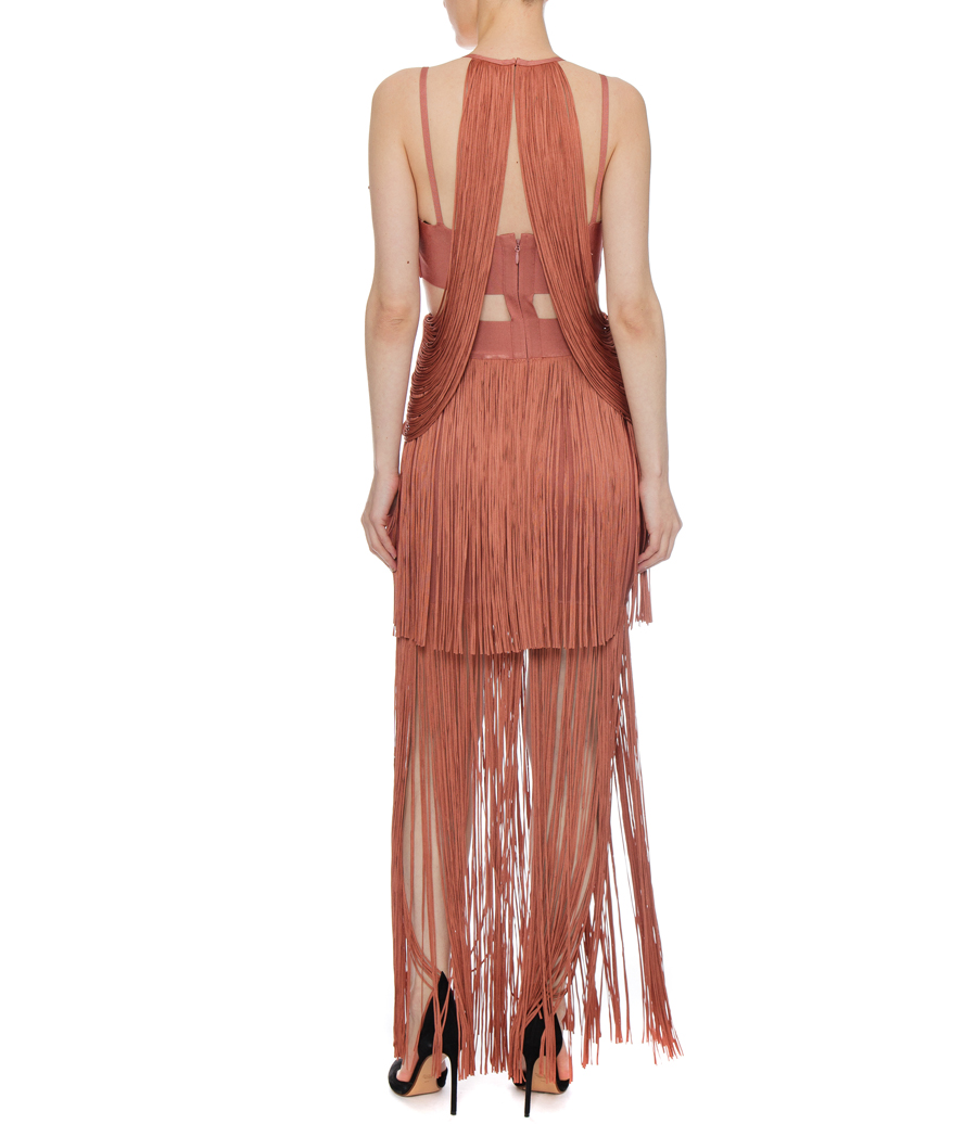STRAPPY BANDEAU FRINGE GOWN