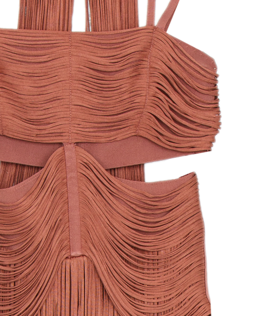 STRAPPY BANDEAU FRINGE GOWN