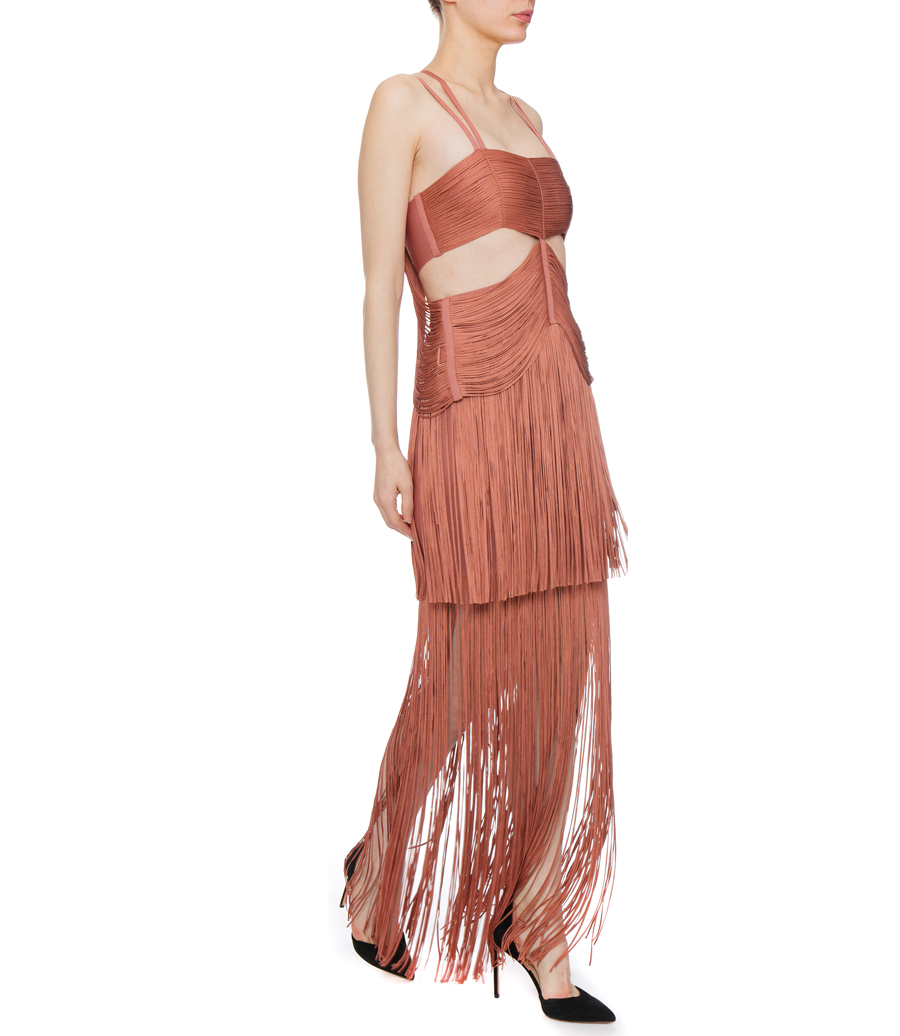 STRAPPY BANDEAU FRINGE GOWN