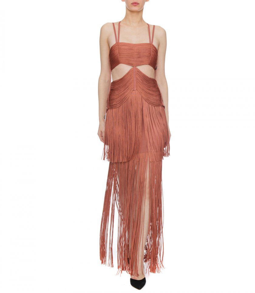 STRAPPY BANDEAU FRINGE GOWN