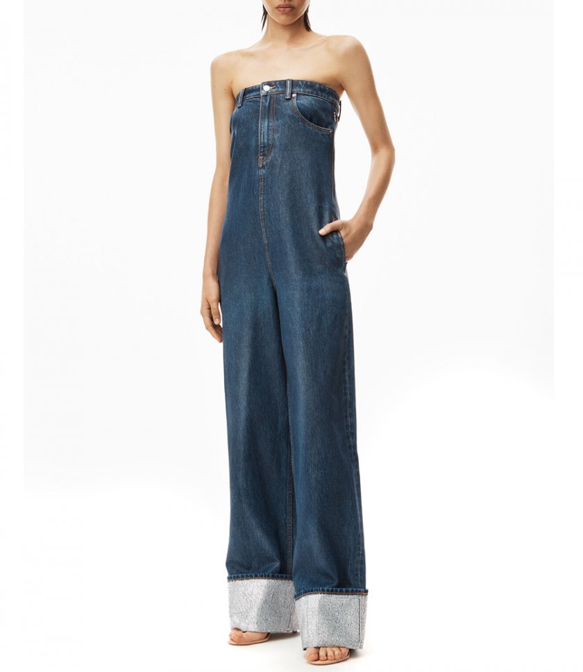 CRYSTAL CUFF JUMPSUIT IN COATED DENIM