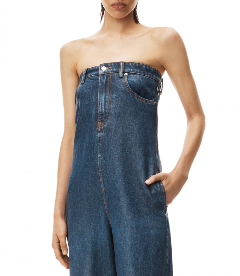CRYSTAL CUFF JUMPSUIT IN COATED DENIM