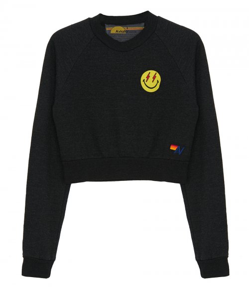 BOLT SMILEY EMBROIDERY CROPPED CREW SWEATSHIRT