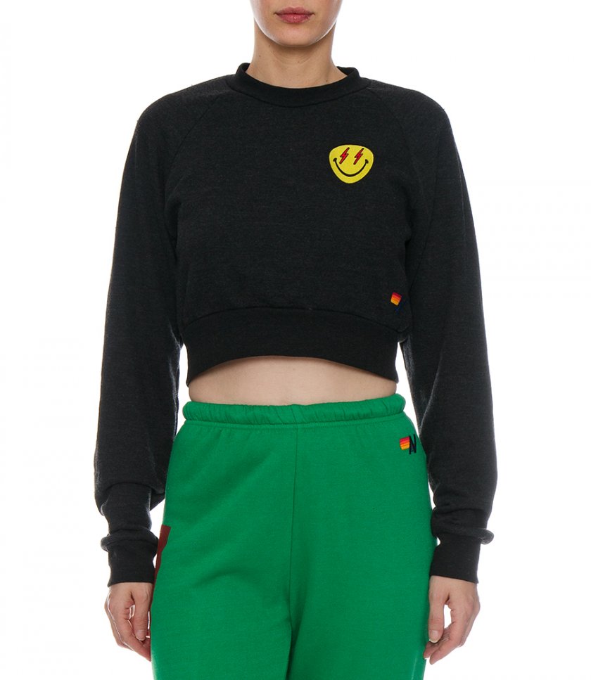 BOLT SMILEY EMBROIDERY CROPPED CREW SWEATSHIRT