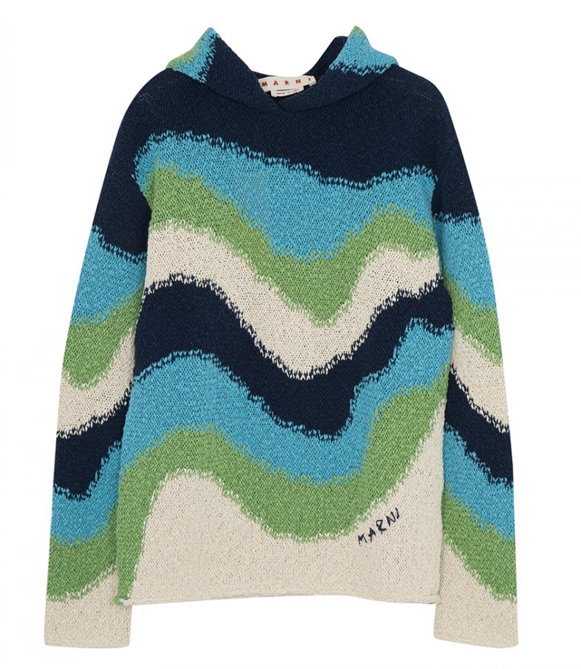 MARNI - BLUE COTTON JUMPER WITH HOOD