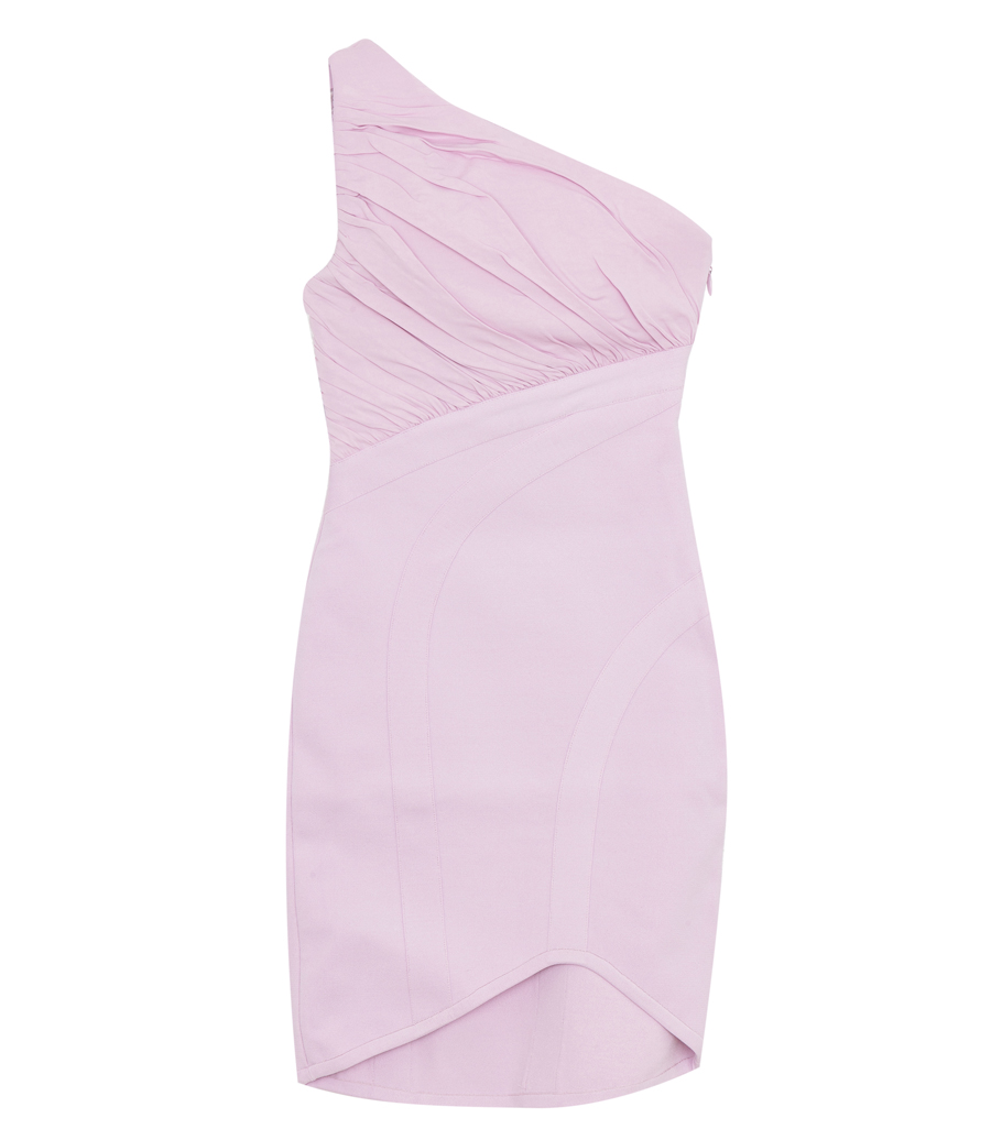 HERVE LEGER - RUCHED WOVEN MIX ONE SHOULDER MINI DRESS