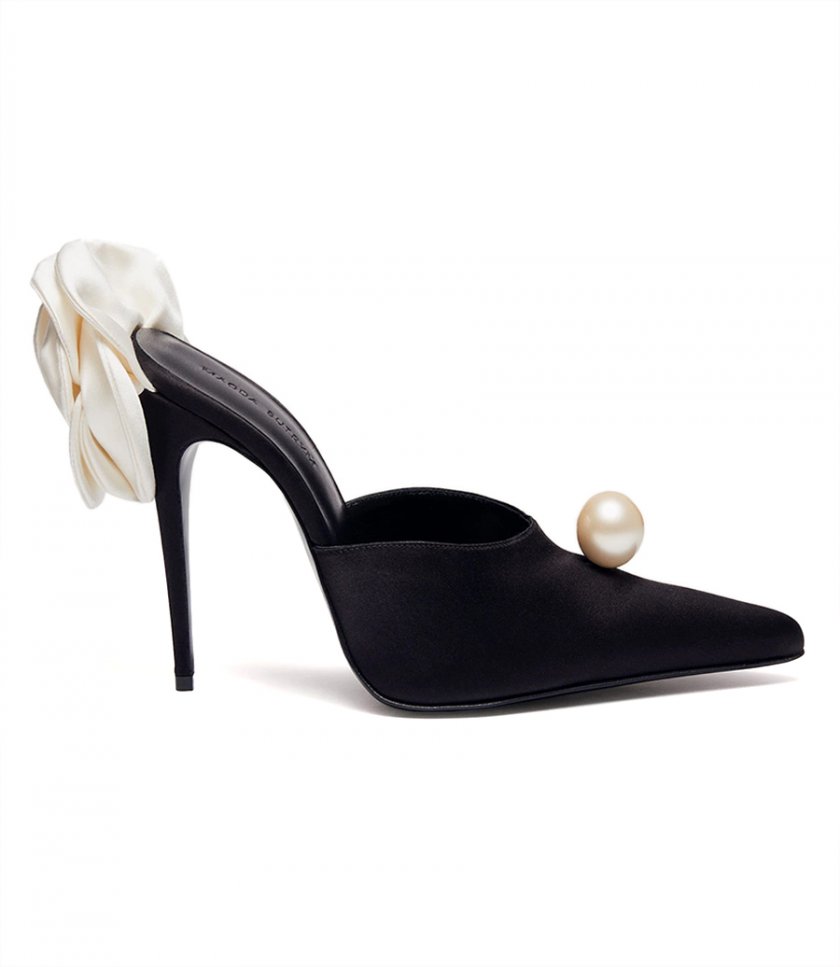 MULES - POINTED FLOWER MULES IN BLACK SATIN