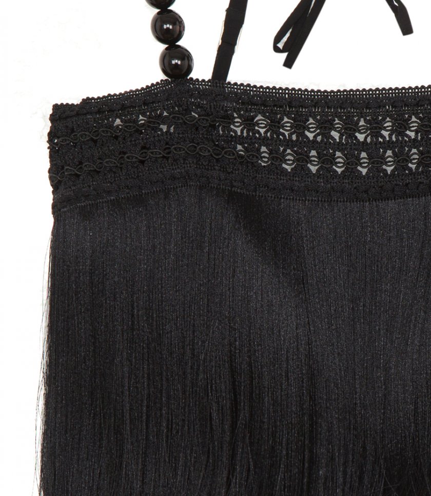 FRINGE CROPPED TOP WITH PEARL STRAPS