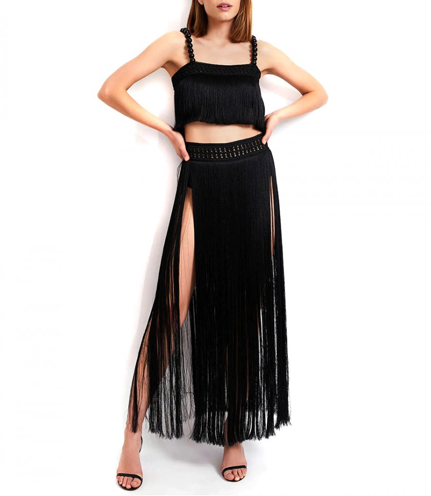 FRINGE CROPPED TOP WITH PEARL STRAPS