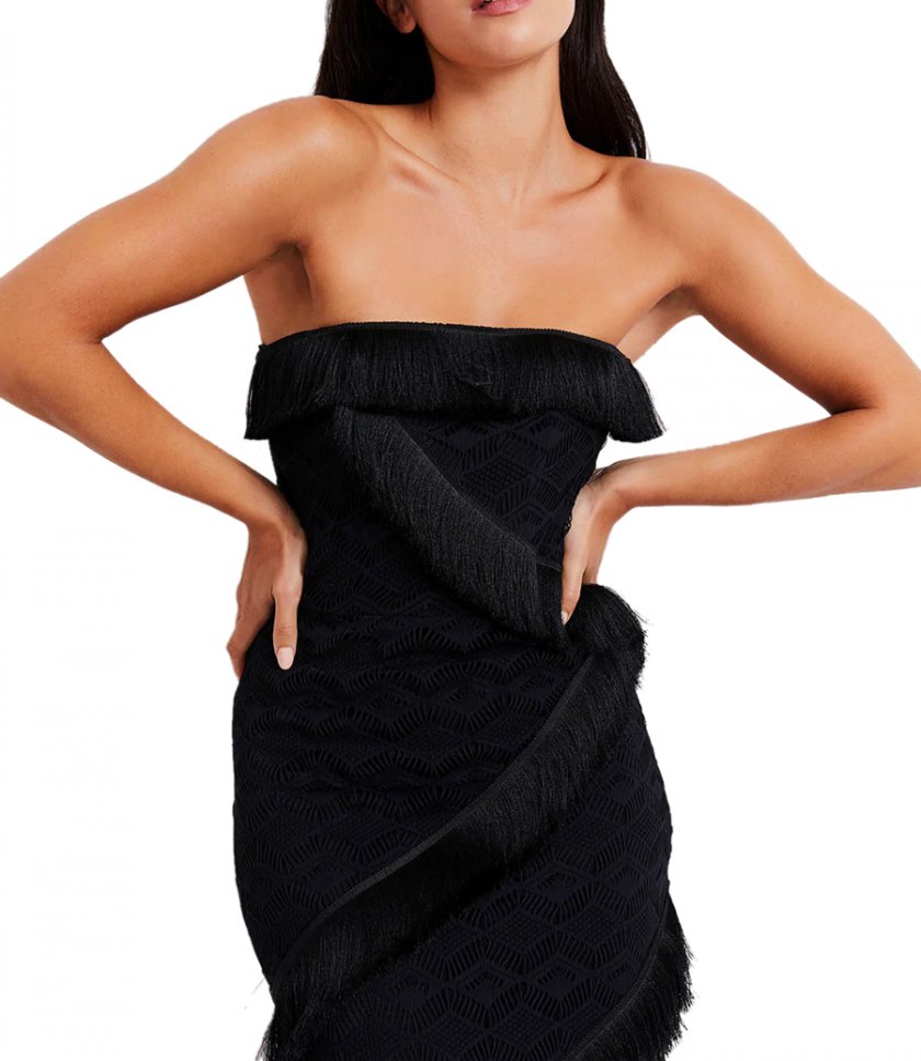 CROCHET STRAPLESS FRINGE TRIM MAXI