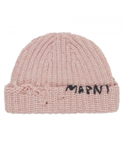 PINK RIBBED BEANIE WITH HAND-STITCHED LOGO