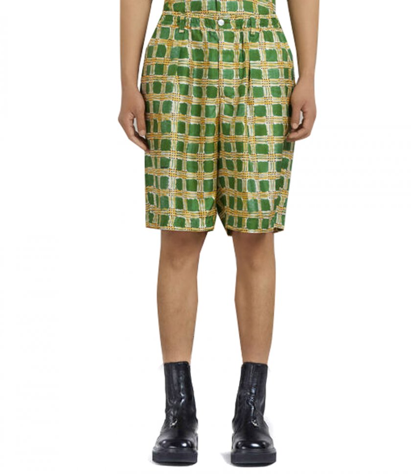 GREEN SILK TWILL SHORTS WITH CHECK FIELDS PRINT