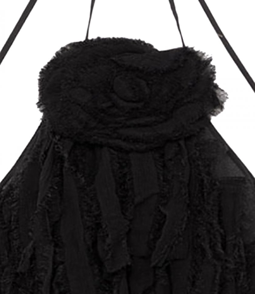 TOP WITH FRINGED EMBROIDERY AND ROSE DECOR